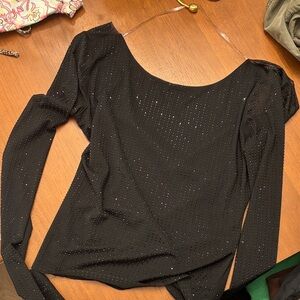 Black Long-Sleeve Scoop Neck Top with Sparkle